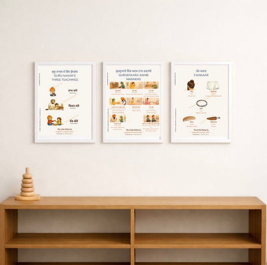 Identity Bundle of 3 | Guru Nanak’s Teachings • Gurudwara Values • 5 Kakaar (Framed)